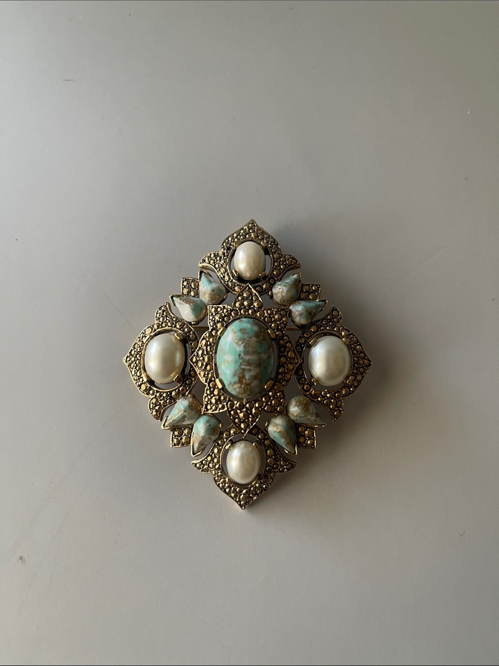 Sarah Coventry Gold-Tone Brooch with Turquoise and Pearl Accents